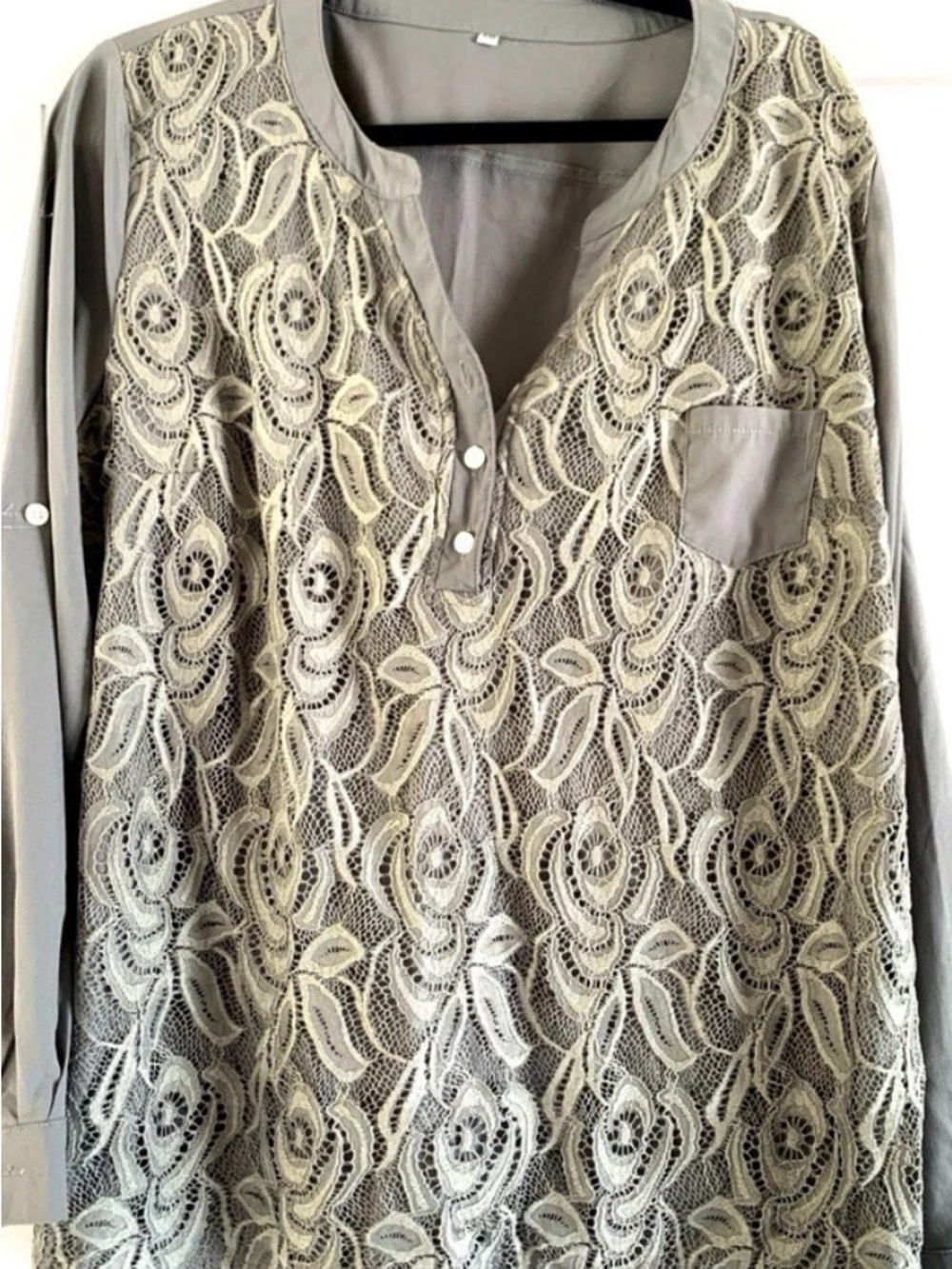 Gray Lace Blouse XXL Sheer Hi Low Hem Button Front Dressy Top